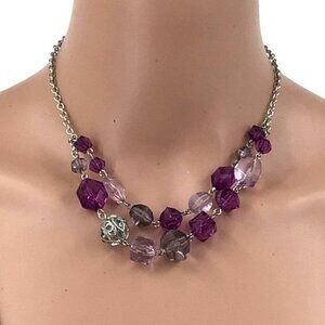 Napier Double Tier Beaded Necklace Silver Tone Purple Adjustable Length